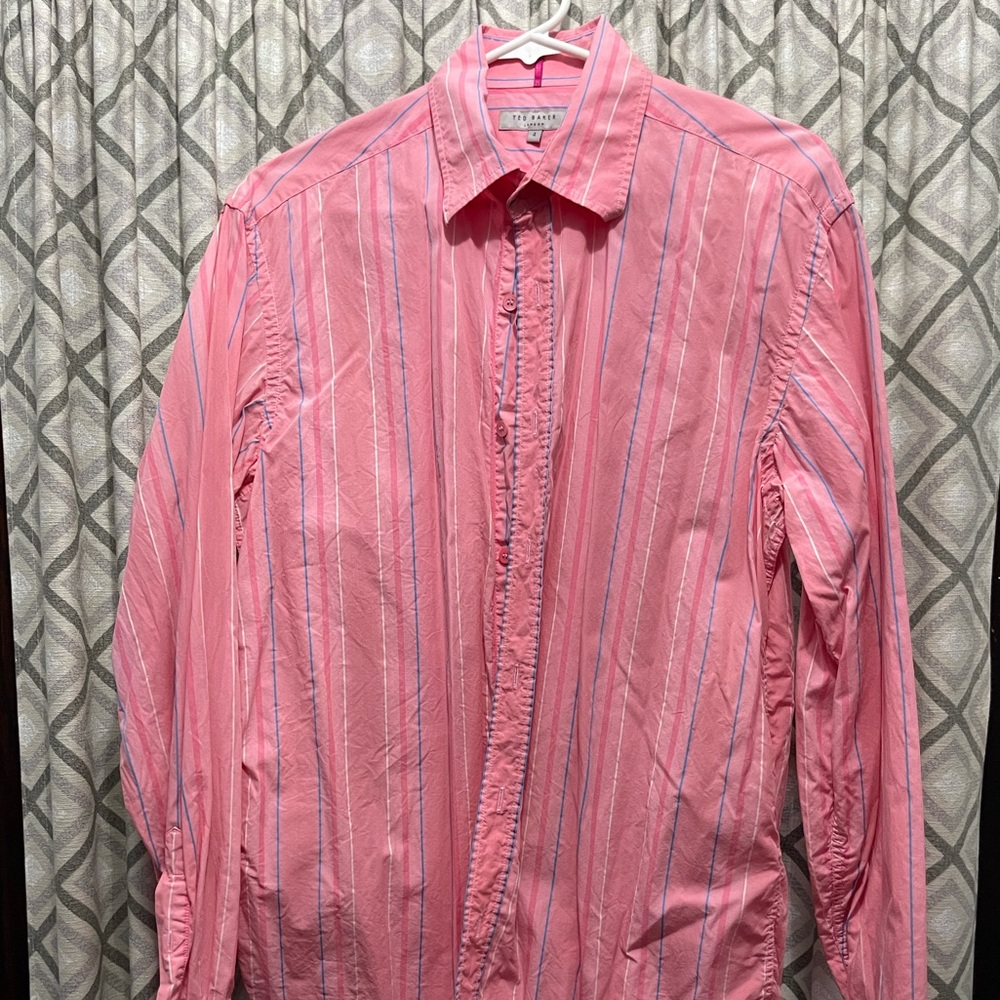 Pink long-sleeve men’s shirt with Lt. Blue and White pinstripes.  Slightly worn